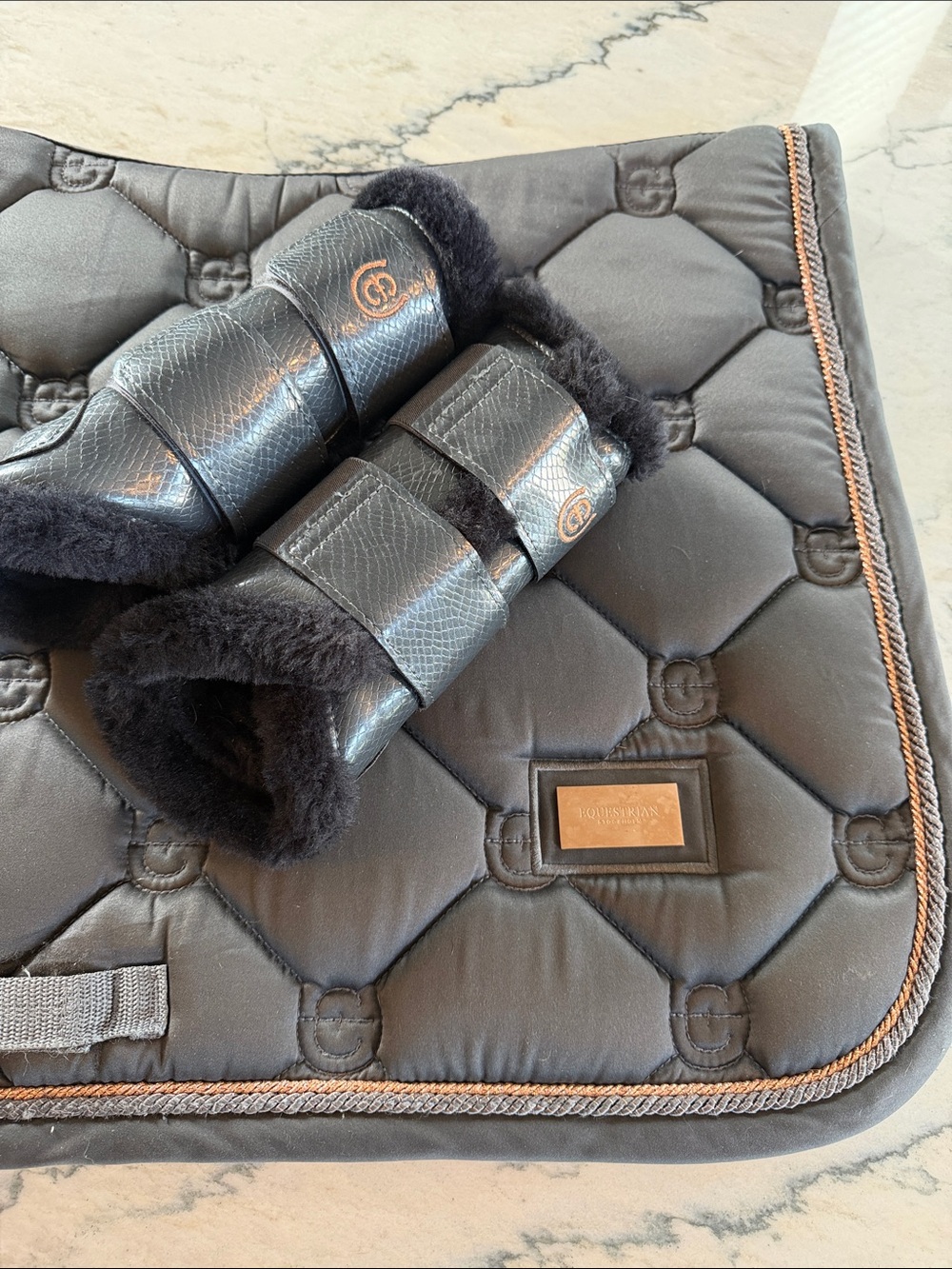 Equestrian Stockholm Quilted Saddle Pad in Dark Grey with Rose Gold Trim - Picture 14 of 14